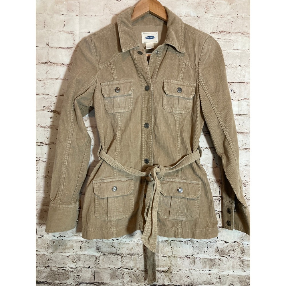 Vintage Old Navy Corduroy Safari Jacket Womens Small Neutral Tan Belted Pockets